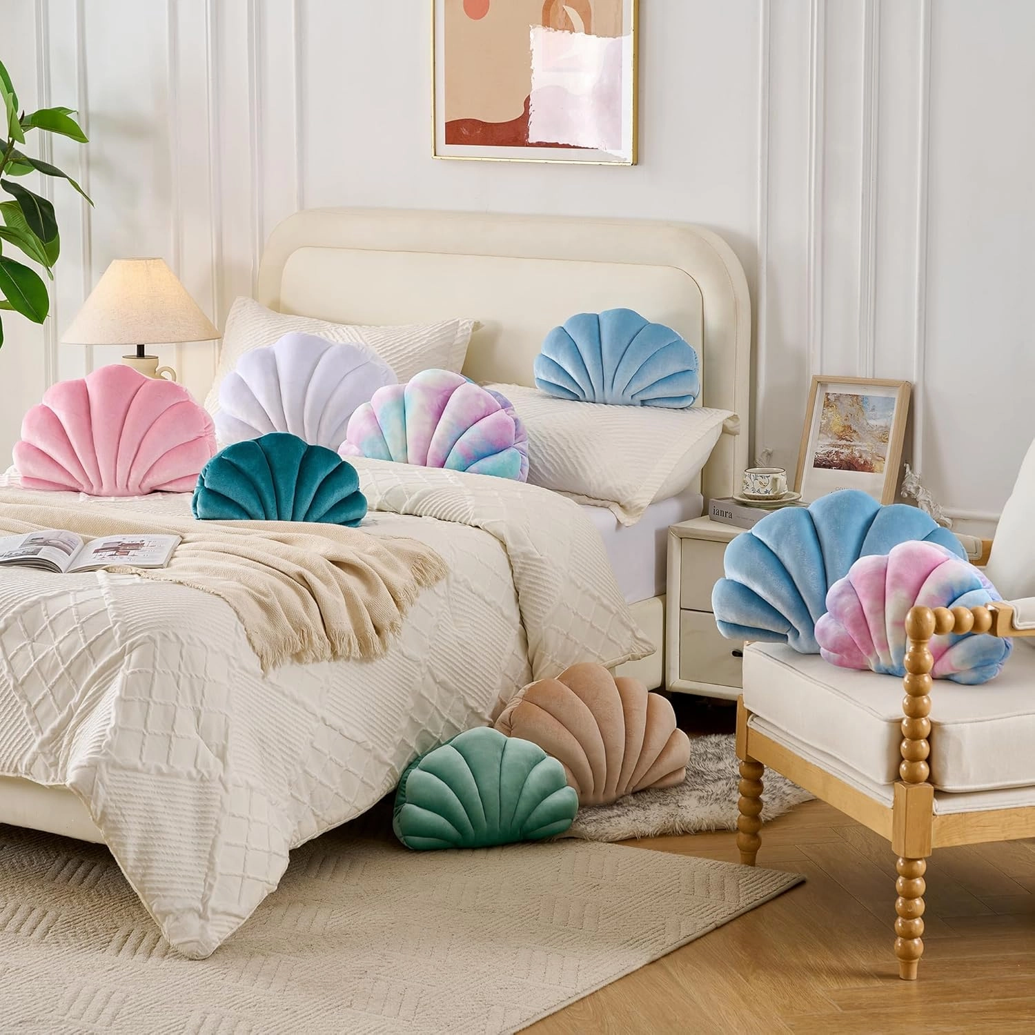 Seashell Decorative Pillow Shell Shaped Throw Pillow 3D Insert Beach Pillow Soft Velvet Pillow Sea Ocean Decoration Couch Bed Pillow Cushions(Blue,14 X 11 inch)