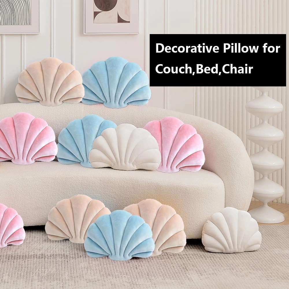 Seashell Decorative Pillow Shell Shaped Throw Pillow 3D Insert Beach Pillow Soft Velvet Pillow Sea Ocean Decoration Couch Bed Pillow Cushions(Blue,14 X 11 inch)