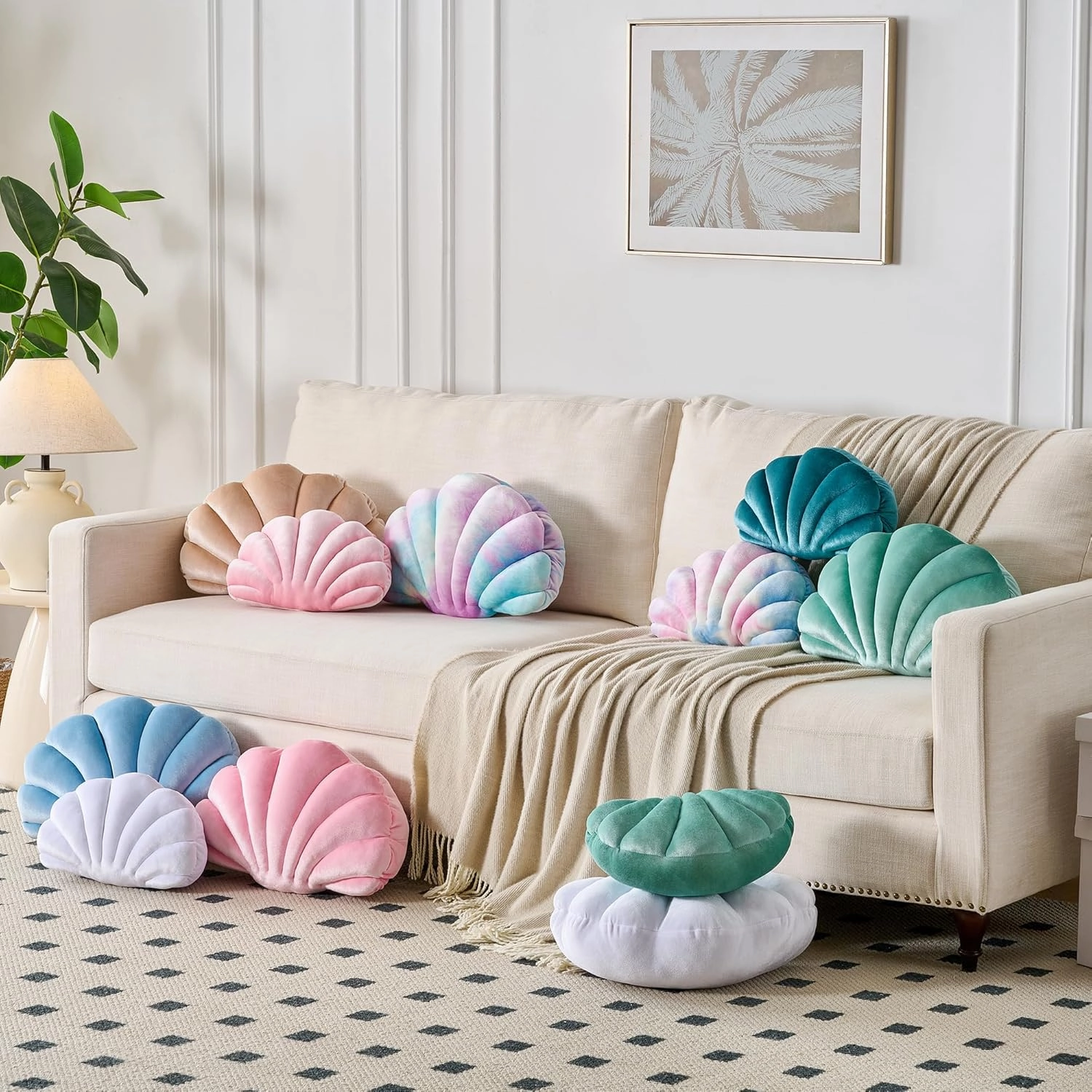 Seashell Decorative Pillow Shell Shaped Throw Pillow 3D Insert Beach Pillow Soft Velvet Pillow Sea Ocean Decoration Couch Bed Pillow Cushions(Blue,14 X 11 inch)