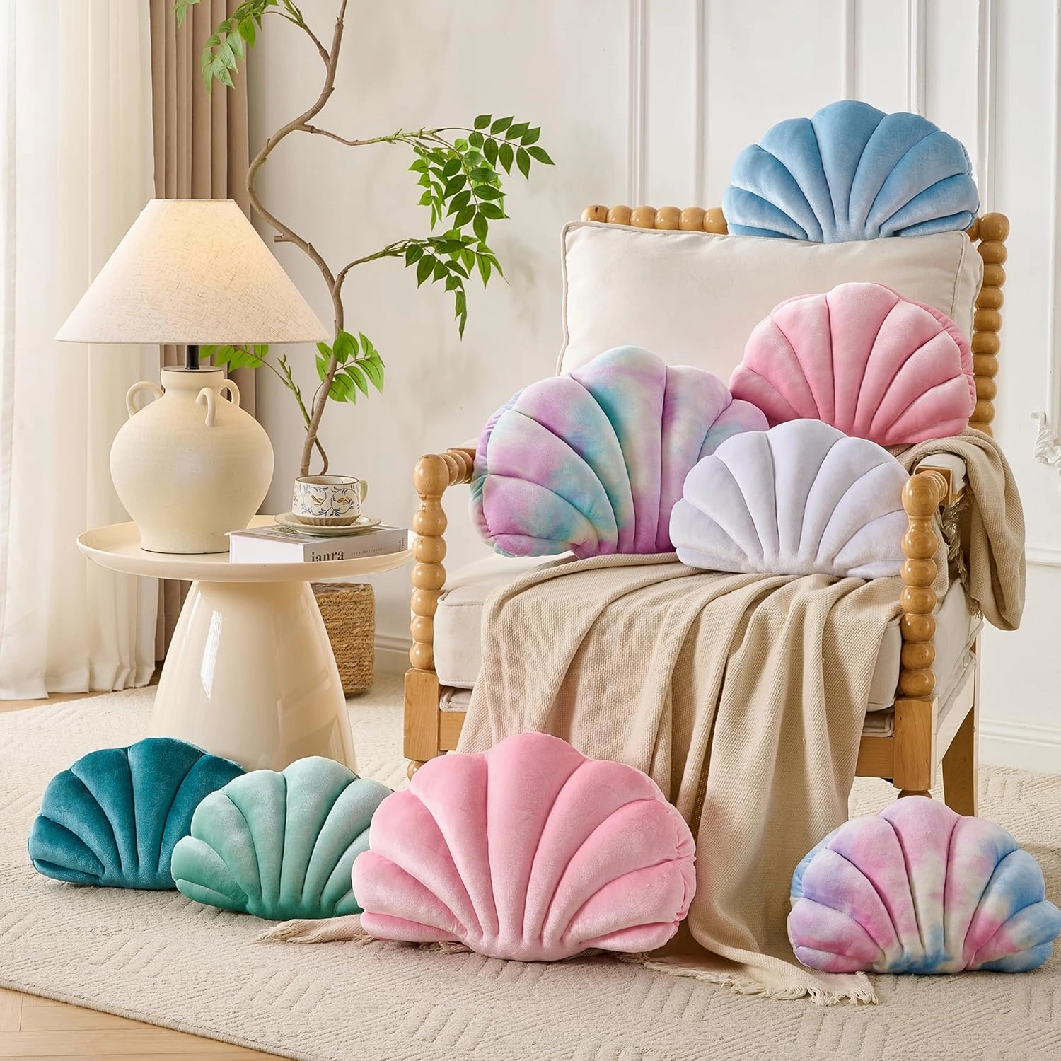 Seashell Decorative Pillow Shell Shaped Throw Pillow 3D Insert Beach Pillow Soft Velvet Pillow Sea Ocean Decoration Couch Bed Pillow Cushions(Blue,14 X 11 inch)