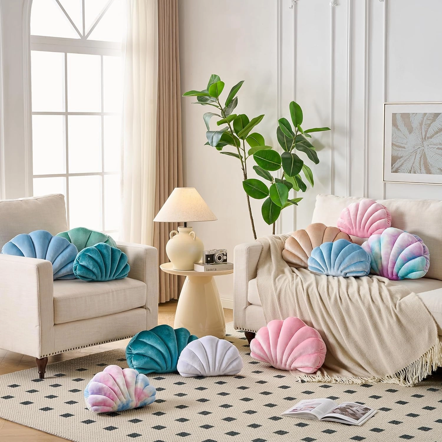 Seashell Decorative Pillow Shell Shaped Throw Pillow 3D Insert Beach Pillow Soft Velvet Pillow Sea Ocean Decoration Couch Bed Pillow Cushions(Blue,14 X 11 inch)