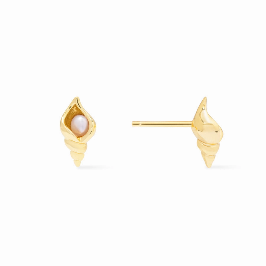 Seashell Pearl Gold Stud Earrings