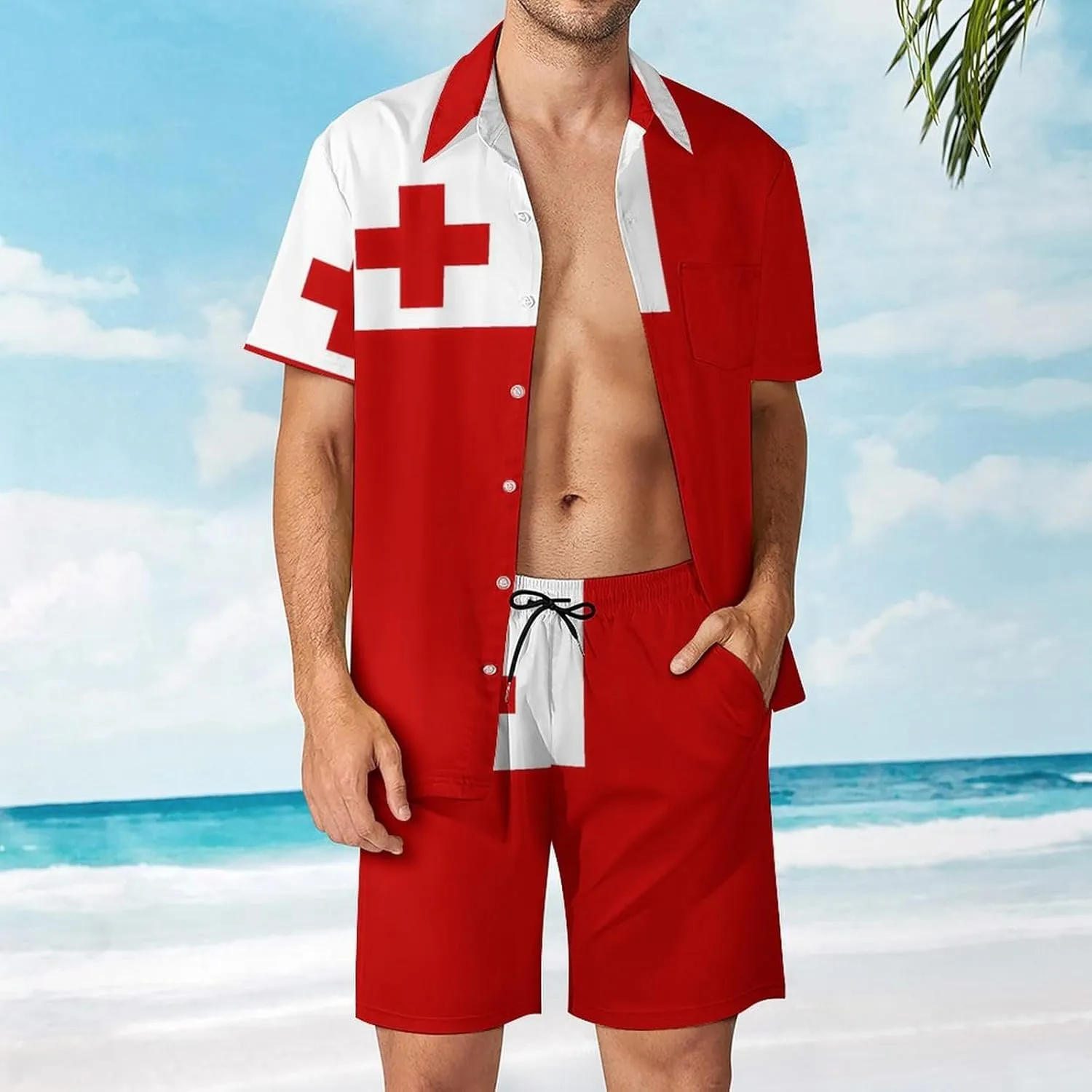 Shirt and Shorts Beach Suits for Mens Button Down Short Sleeve Shirts Set for Vacation Travel Hot Springs