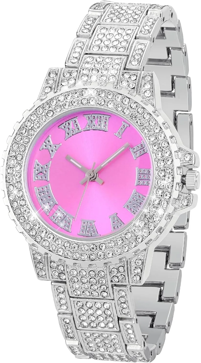 SIBOSUN Women's Diamond Watch - Gold, Iced Out, Rhinestone - Stainless Steel Quartz - Luxury Fashion Crystal - Peach Dial - Water Resistant (Up to 30 meters) - Watches - Women's - JXQ