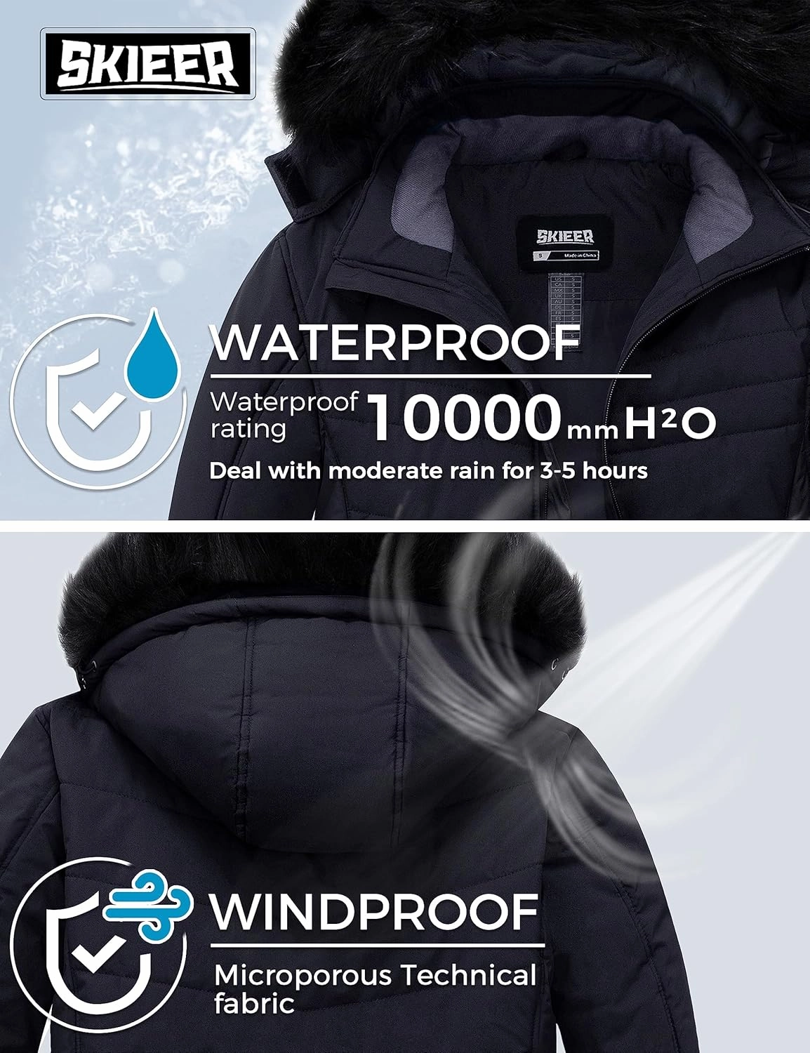 Skieer Men's Waterproof Ski Jacket Windproof Winter Coat Hooded Puffer Jacket Snowboard Rain Jacket