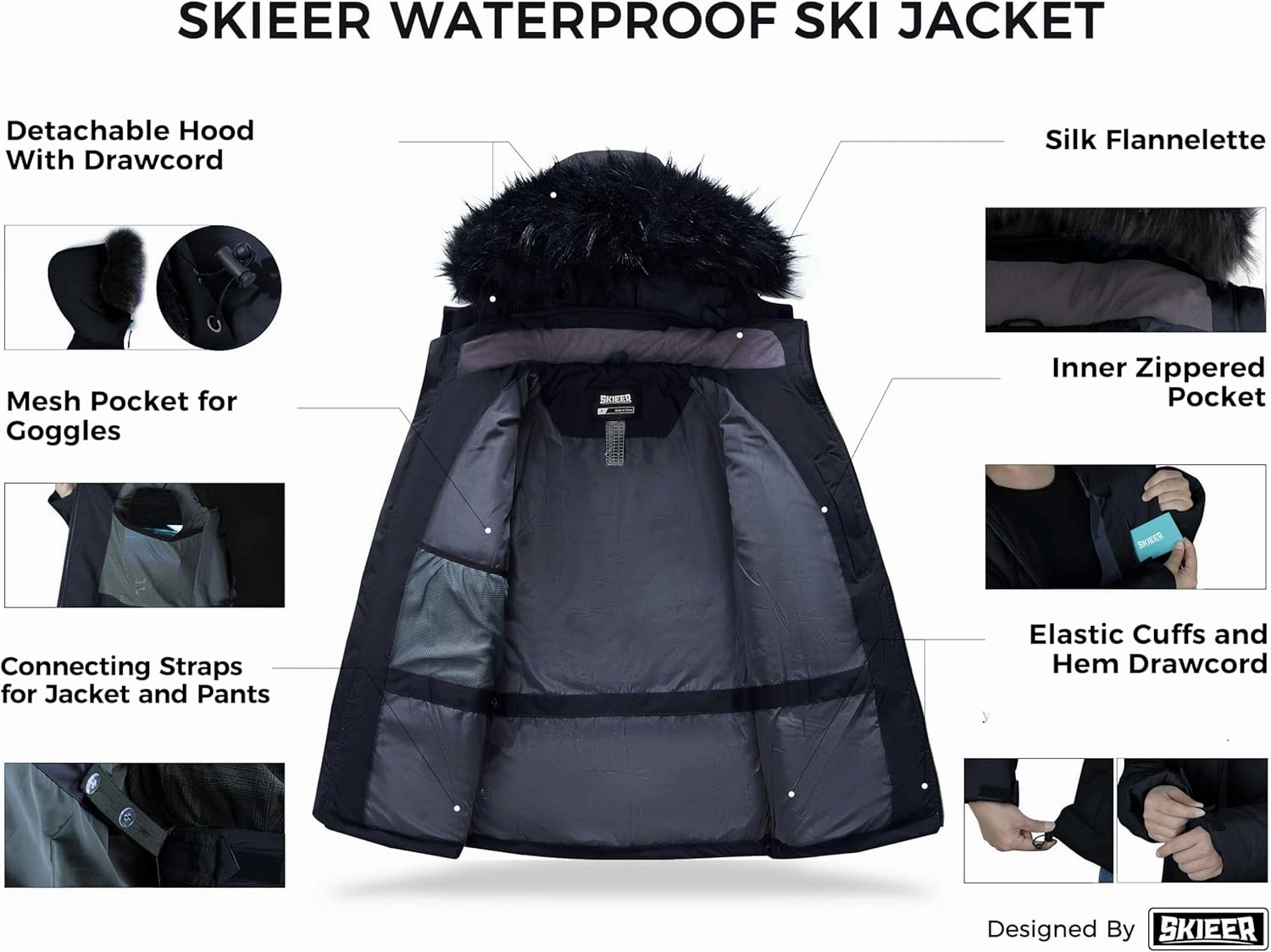 Skieer Men's Waterproof Ski Jacket Windproof Winter Coat Hooded Puffer Jacket Snowboard Rain Jacket
