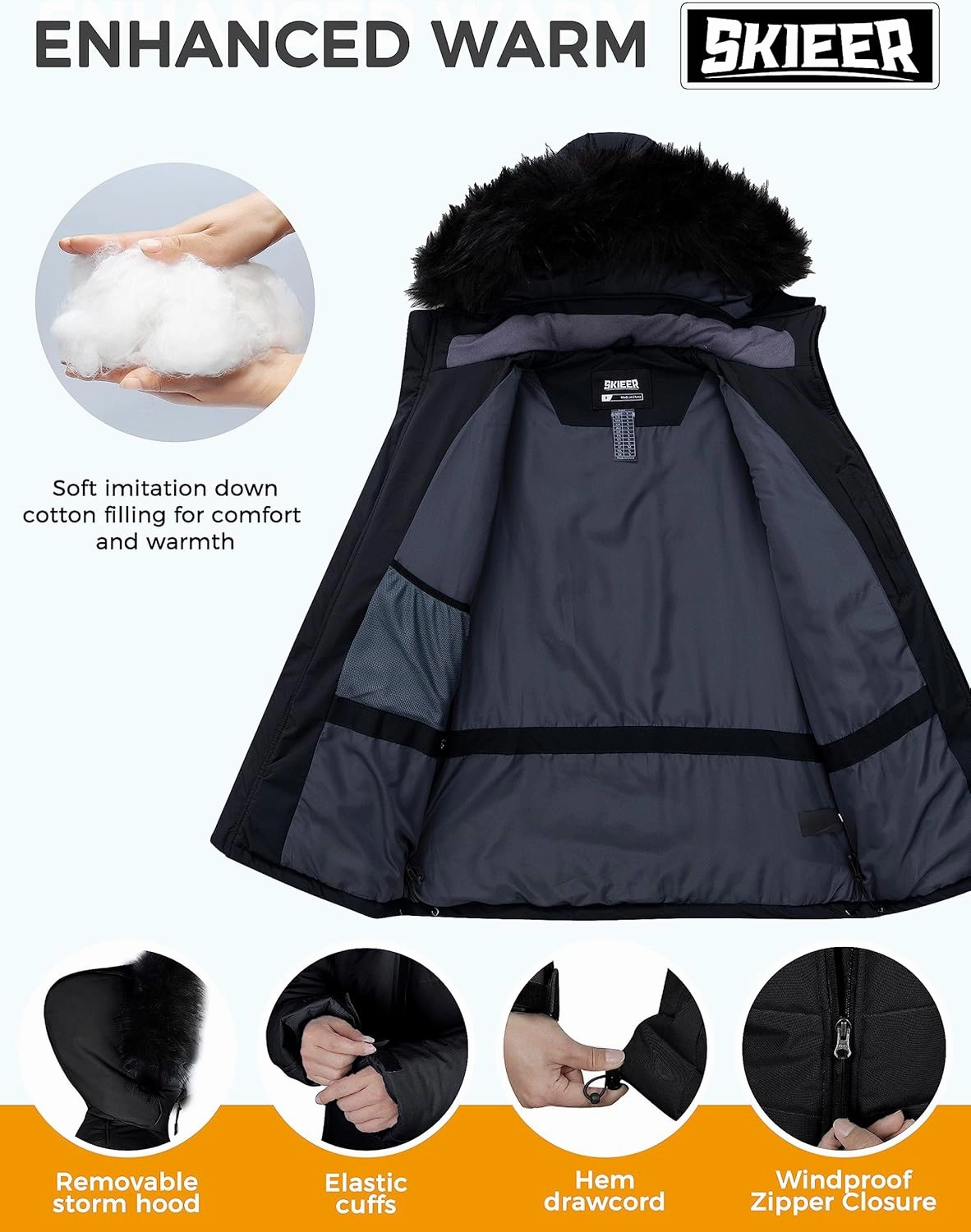 Skieer Men's Waterproof Ski Jacket Windproof Winter Coat Hooded Puffer Jacket Snowboard Rain Jacket