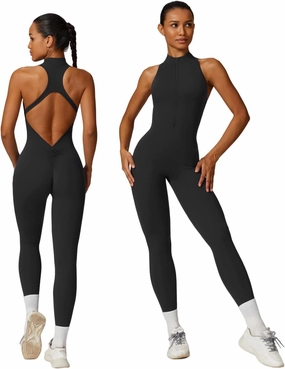 Sleeveless Workout Jumpsuit for Women Zip Up Romper Shorts V Back Scrunch Sexy One Piece