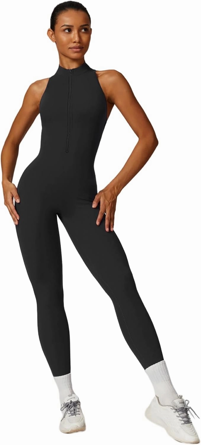 Sleeveless Workout Jumpsuit for Women Zip Up Romper Shorts V Back Scrunch Sexy One Piece