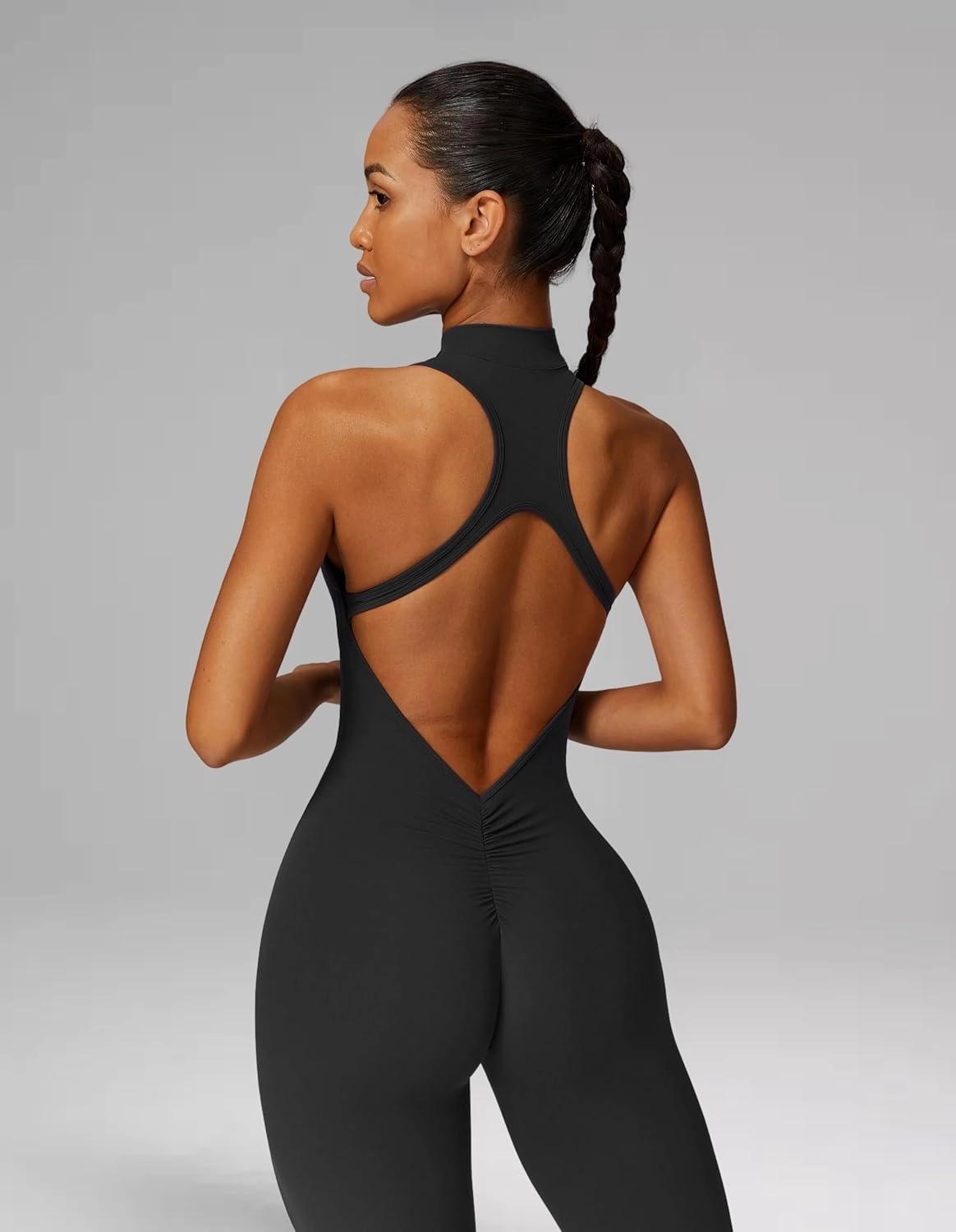 Sleeveless Workout Jumpsuit for Women Zip Up Romper Shorts V Back Scrunch Sexy One Piece