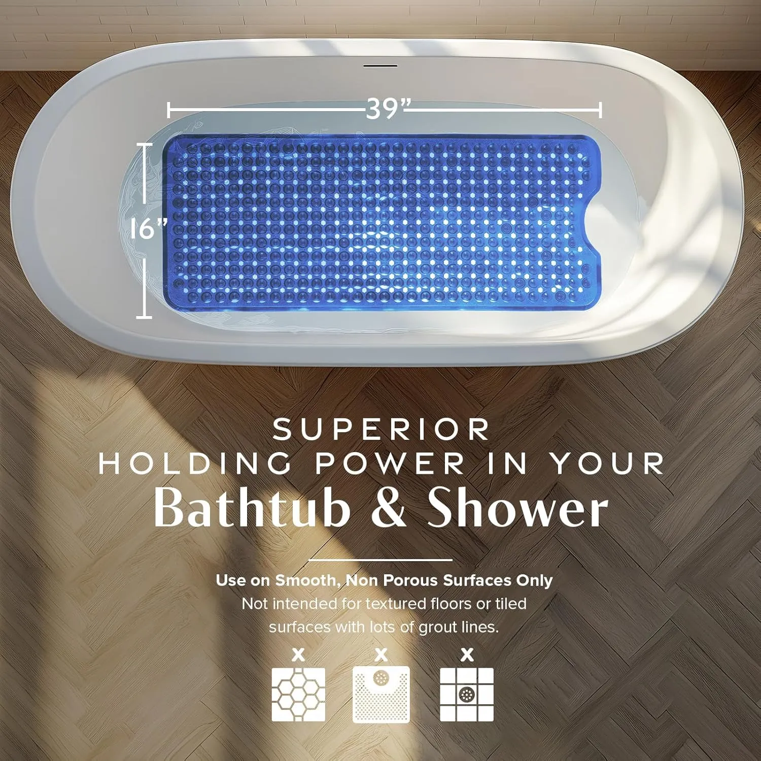 SlipX Solutions Power Grip 39x16 Bathtub & Shower Mat | Premium Non-Slip Bath Safety | Clear Blue