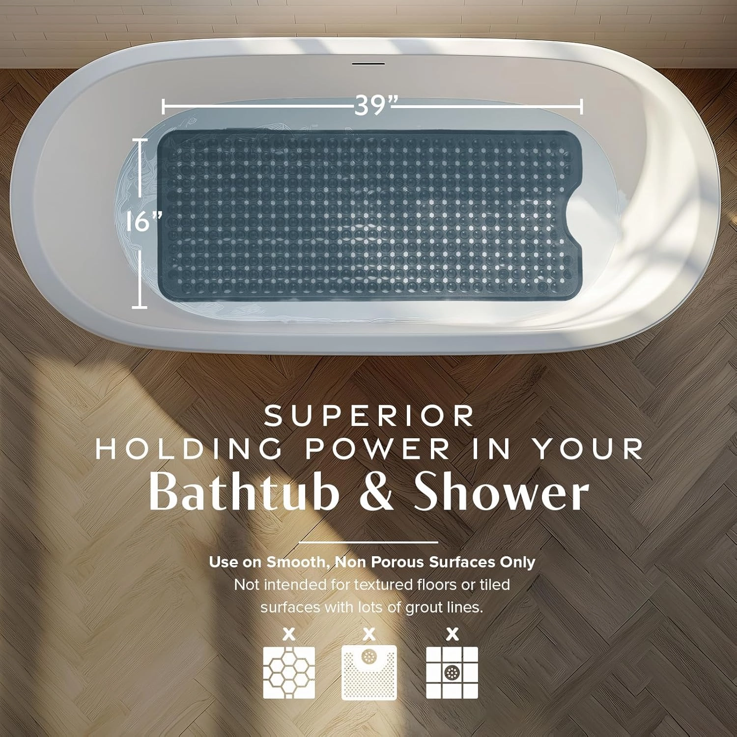 SlipX Solutions Power Grip 39x16 Bathtub & Shower Mat | Premium Non-Slip Bath Safety | Clear Black