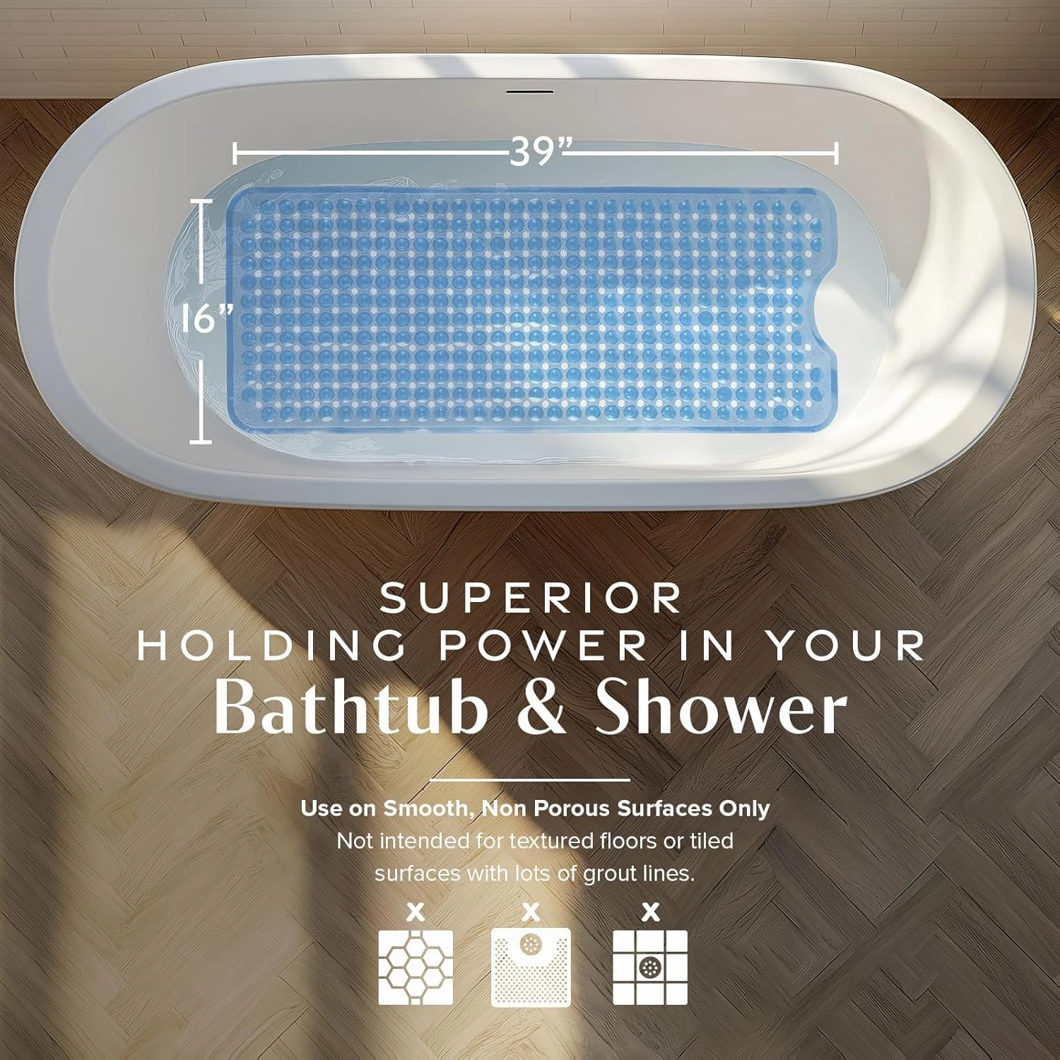 SlipX Solutions Power Grip 39x16 Bathtub & Shower Mat | Premium Non-Slip Bath Safety | Clear Light Blue
