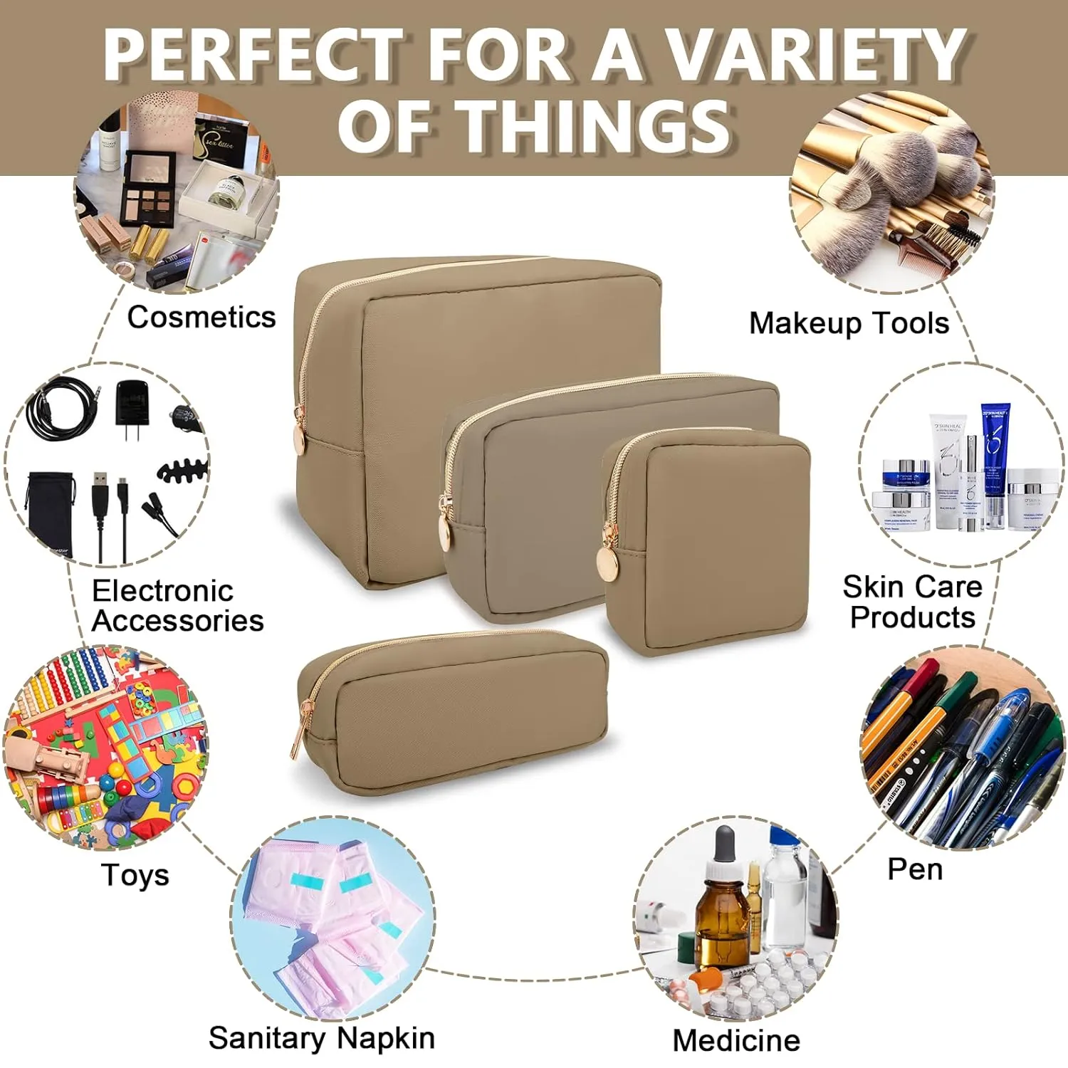 Small Pencil Case Makeup Bag for Purse, Cute Pencil Pouch Preppy Nylon Makeup Brush Pouch with Zipper, Girls Portable Stationery Storage Case for Office School College(Slim-Khaki)
