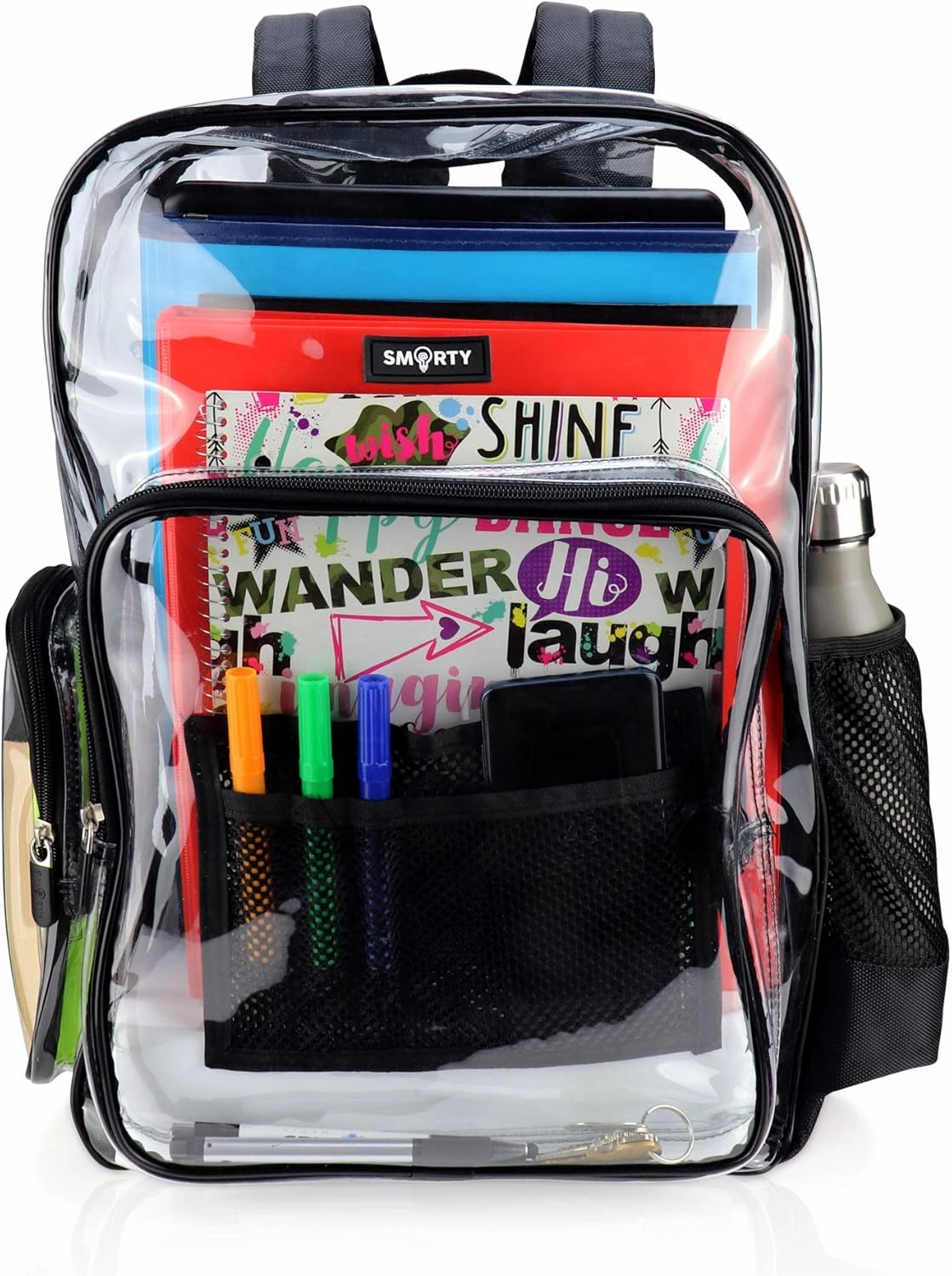 SMARTY Large Heavy Duty Clear Backpack V5.5 Durable Transparent See Through Bag (Black, Front Mesh Organizer)