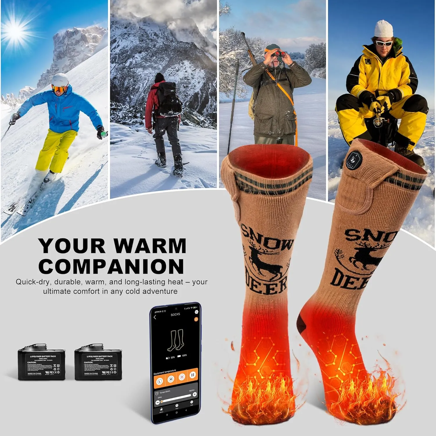 SNOW DEER Hunting Heated Socks with App Control for Men Women, Rechargeable Electric Heating Warm Sock for Motorcycle Hunting Ski Hiking Cold Winter Work Washable