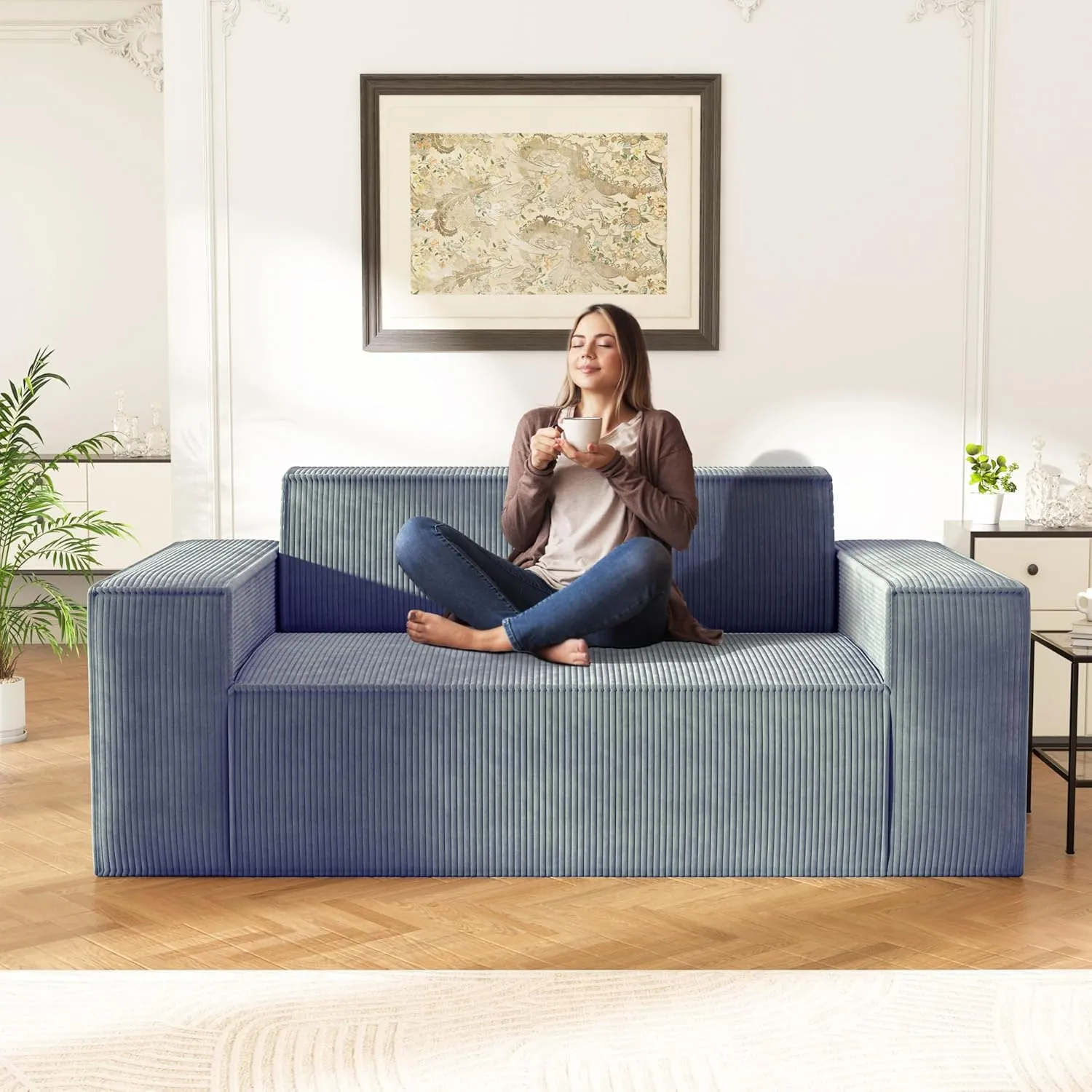 Sofa-in-a-Box, Memory Foam 2 Seater Sofa Couch, No Installation & Easy to Move, Modern Living Room Sofa Couch with Corduroy Fabric,Small Love Seat Sofa for Bedroom Apartment Home Office,Grey