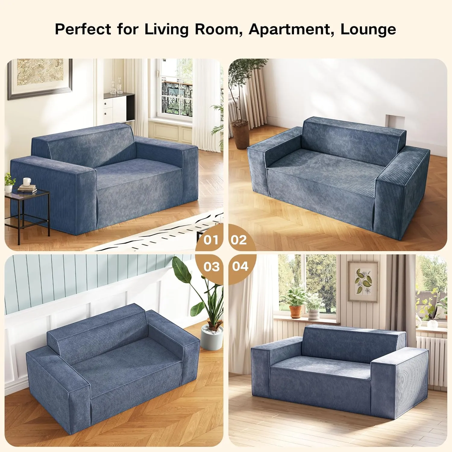 Sofa-in-a-Box, Memory Foam 2 Seater Sofa Couch, No Installation & Easy to Move, Modern Living Room Sofa Couch with Corduroy Fabric,Small Love Seat Sofa for Bedroom Apartment Home Office,Grey