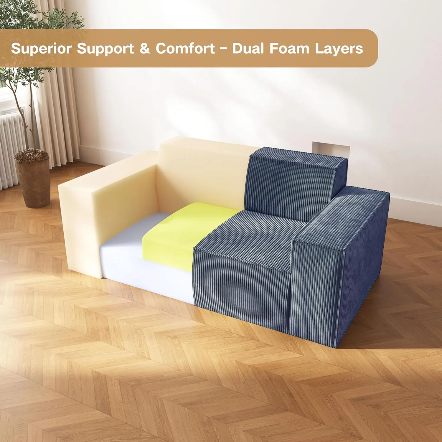 Sofa-in-a-Box, Memory Foam 2 Seater Sofa Couch, No Installation & Easy to Move, Modern Living Room Sofa Couch with Corduroy Fabric,Small Love Seat Sofa for Bedroom Apartment Home Office,Grey