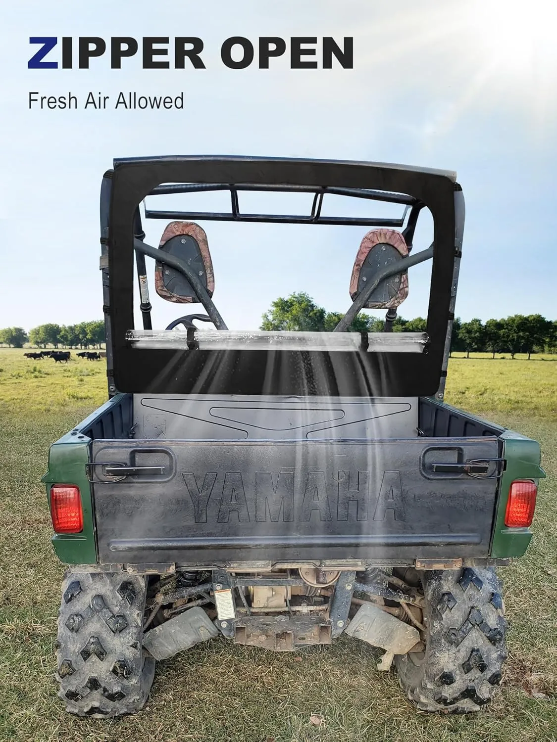 Soft Rear Windshield for Yamaha Rhino & Massimo UTVs - PVC Windscreen with Excellent Visibility, Waterproof & Tough Against Punctures, Tears & Abrasion. (Black with Zipper)