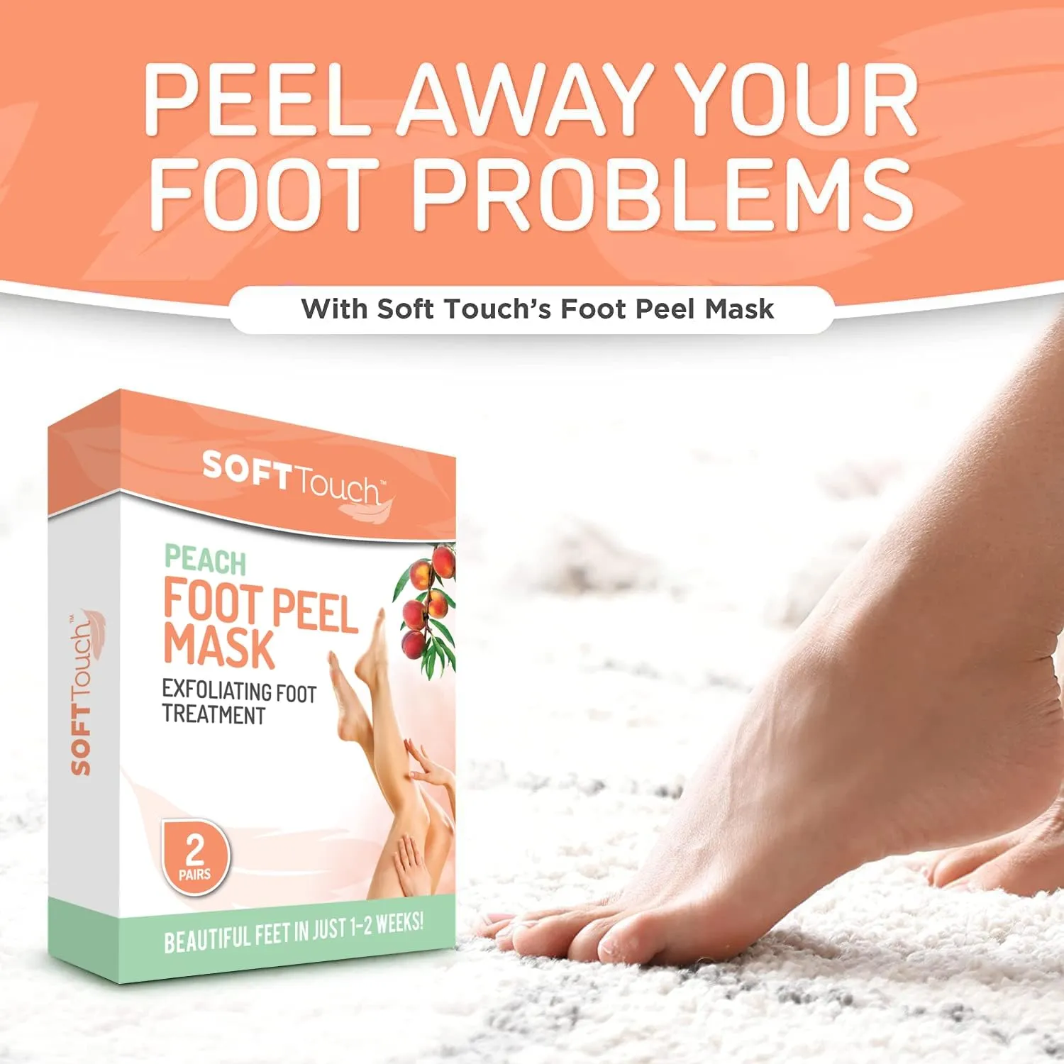 Soft Touch Exfoliating Foot Peel Mask – Pack of 2 for Dry, Cracked Heels & Calluses - Exfoliating Foot Peeling Mask for Baby Soft Skin - Peach