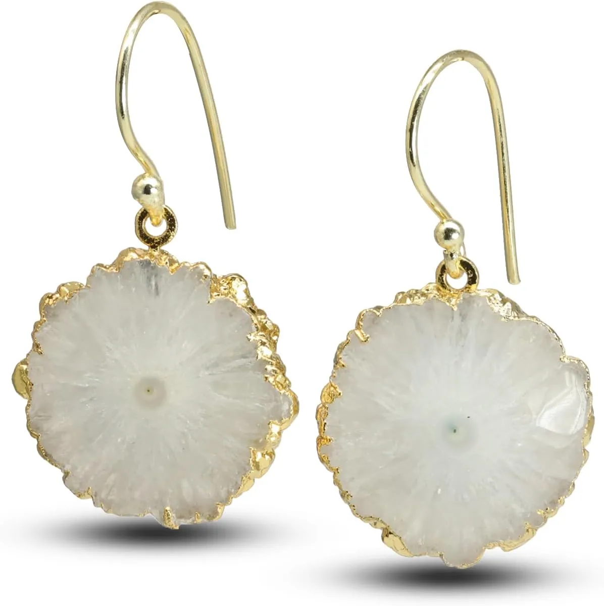 Solar Quartz Dangle Earrings for Women, Gold Plated Natural Raw Gemstone Handmade Hook Earrings