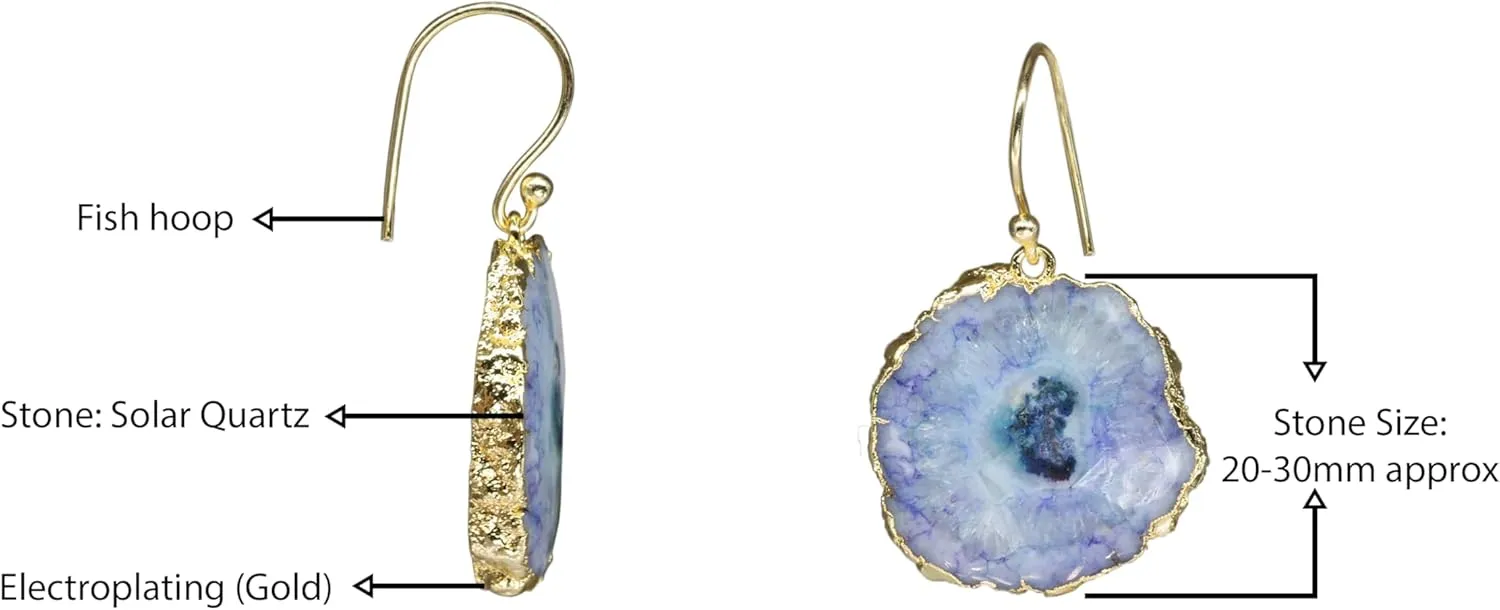 Solar Quartz Dangle Earrings for Women, Gold Plated Natural Raw Gemstone Handmade Hook Earrings
