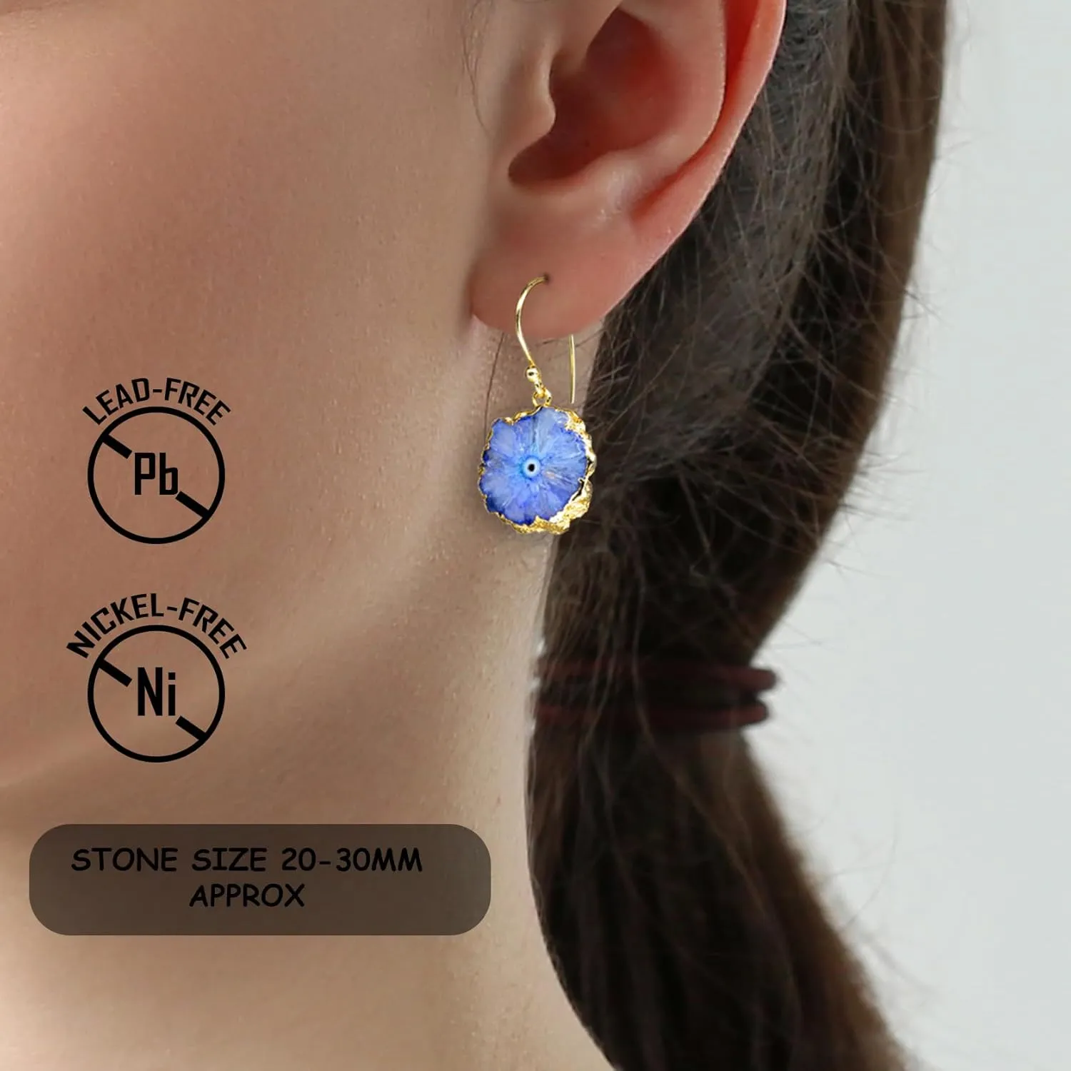 Solar Quartz Dangle Earrings for Women, Gold Plated Natural Raw Gemstone Handmade Hook Earrings