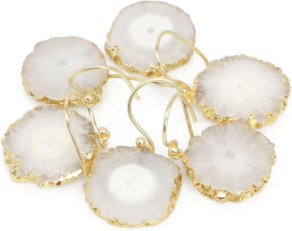 Solar Quartz Dangle Earrings for Women, Gold Plated Natural Raw Gemstone Handmade Hook Earrings