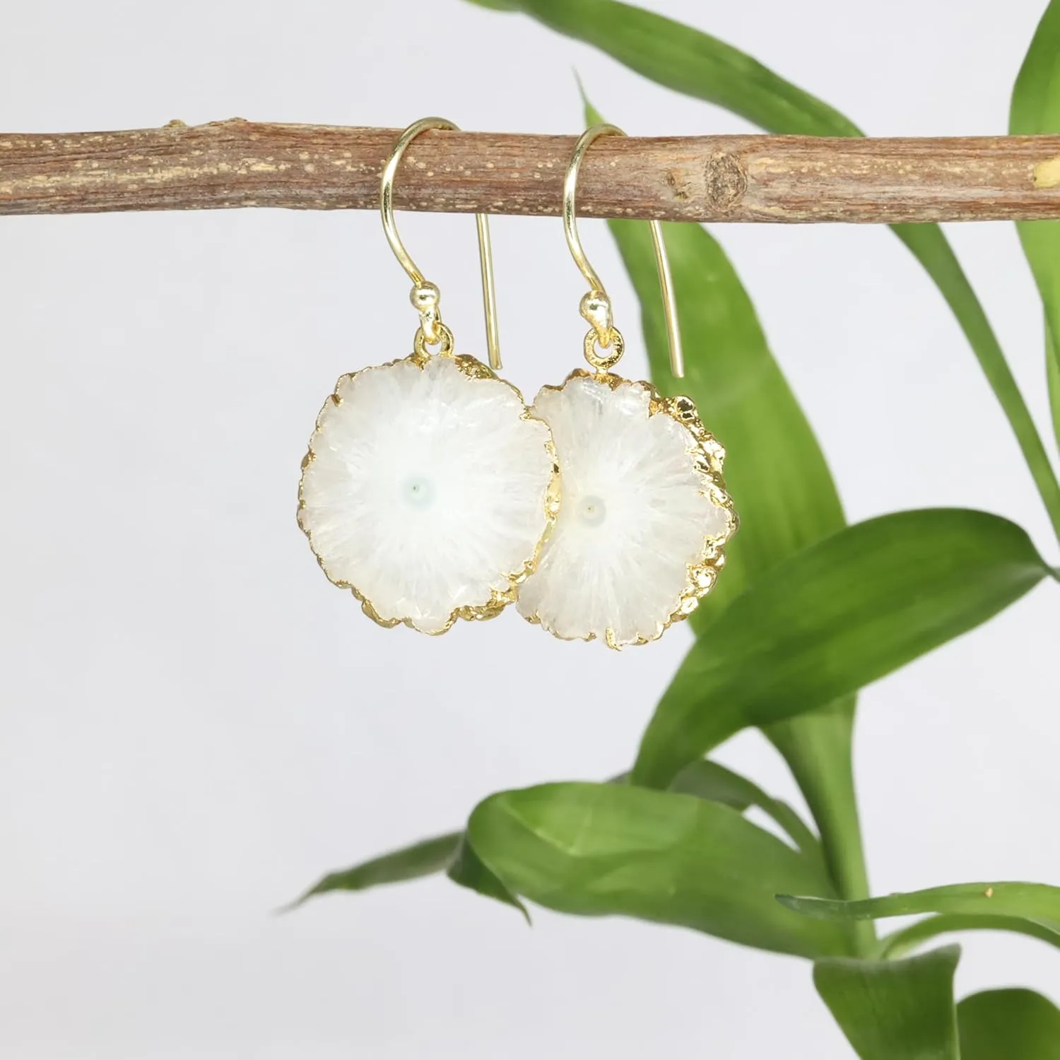 Solar Quartz Dangle Earrings for Women, Gold Plated Natural Raw Gemstone Handmade Hook Earrings