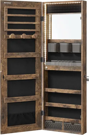 SONGMICS Mirror Jewelry Cabinet Armoire Organizer, Wall or Door Mount Storage Cabinet with Full-Length Frameless Lighted Mirror, Built-in Makeup Mirror, 2 Drawers, Lockable, Rustic Brown UJJC013X01