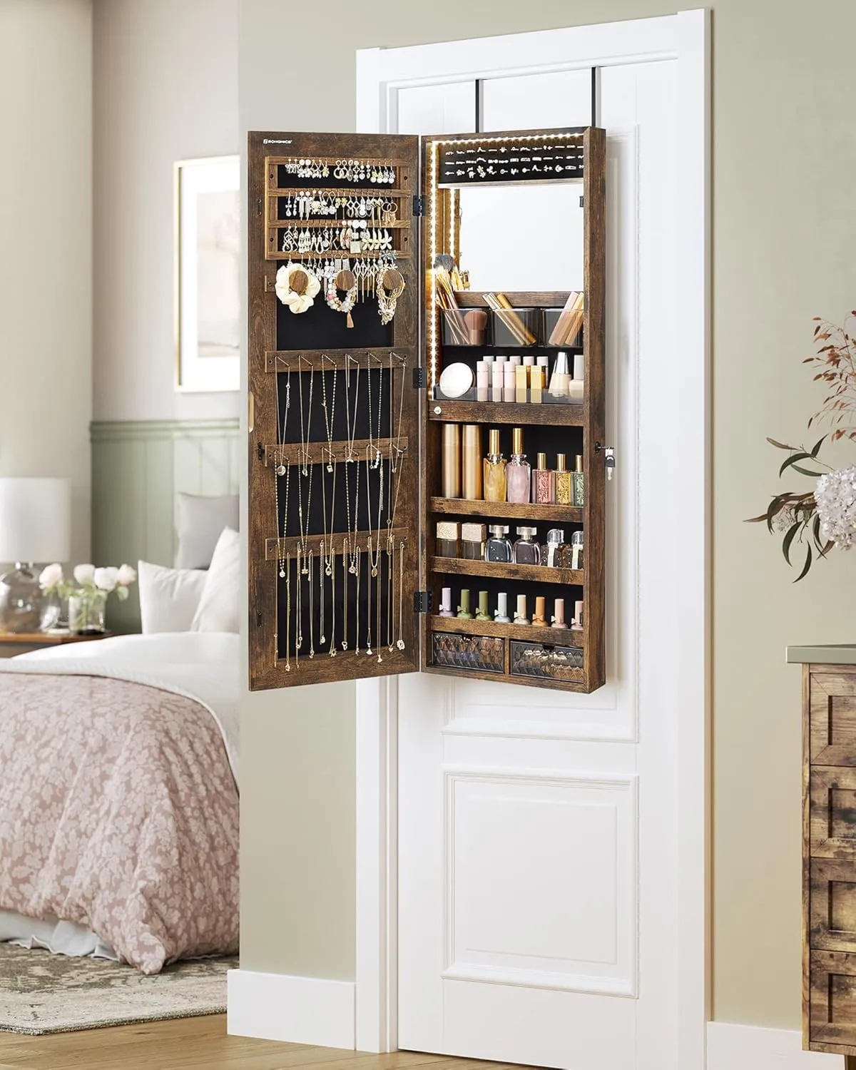 SONGMICS Mirror Jewelry Cabinet Armoire Organizer, Wall or Door Mount Storage Cabinet with Full-Length Frameless Lighted Mirror, Built-in Makeup Mirror, 2 Drawers, Lockable, Rustic Brown UJJC013X01