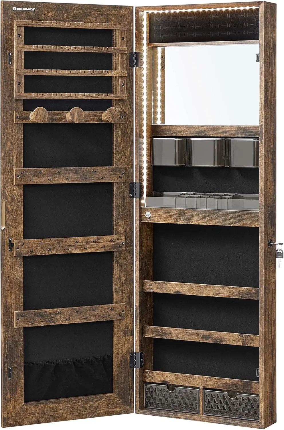 SONGMICS Mirror Jewelry Cabinet Armoire Organizer, Wall or Door Mount Storage Cabinet with Full-Length Frameless Lighted Mirror, Built-in Makeup Mirror, 2 Drawers, Lockable, Rustic Brown UJJC013X01
