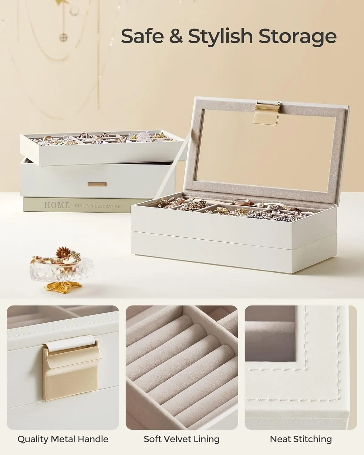 SONGMICS Stackable Jewelry Trays, 4-Tier Jewelry Box, Drawer Jewelry Organizer, with Glass Lid, Removable Dividers, for Vanity Table, 6.7 x 11 x 7.2 Inches, Gift Idea, Cloud White UJBC164W01