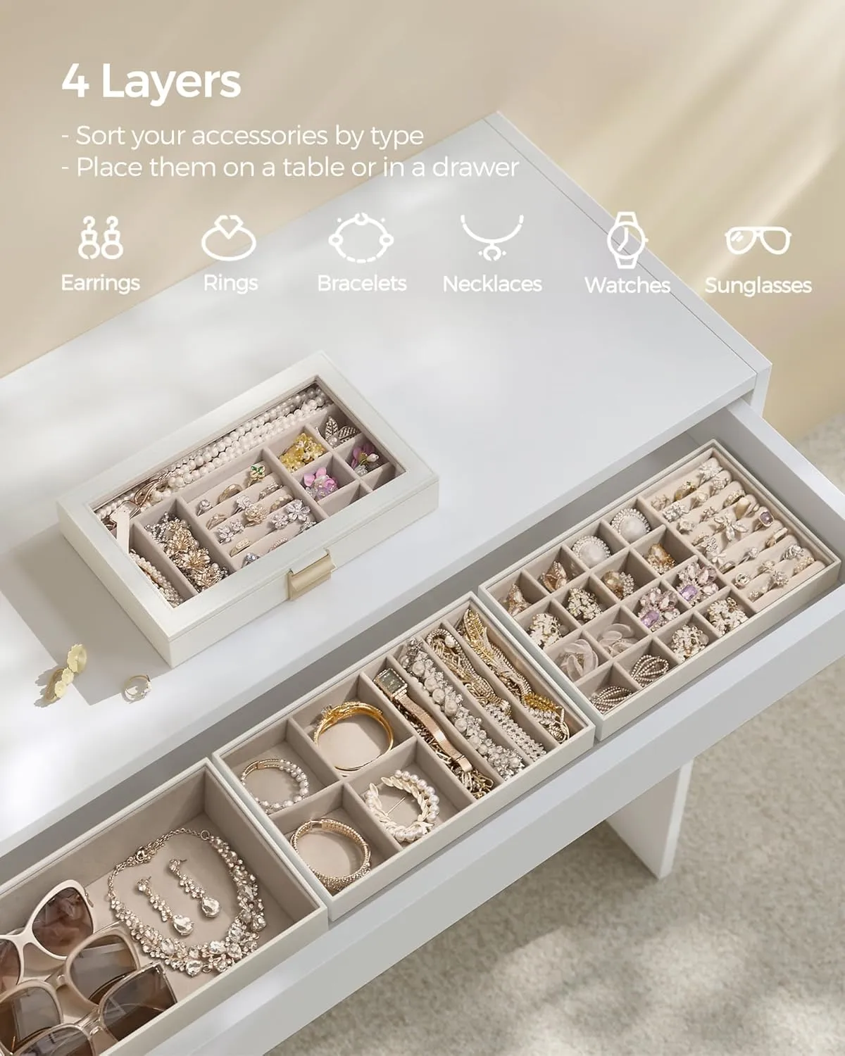 SONGMICS Stackable Jewelry Trays, 4-Tier Jewelry Box, Drawer Jewelry Organizer, with Glass Lid, Removable Dividers, for Vanity Table, 6.7 x 11 x 7.2 Inches, Gift Idea, Cloud White UJBC164W01