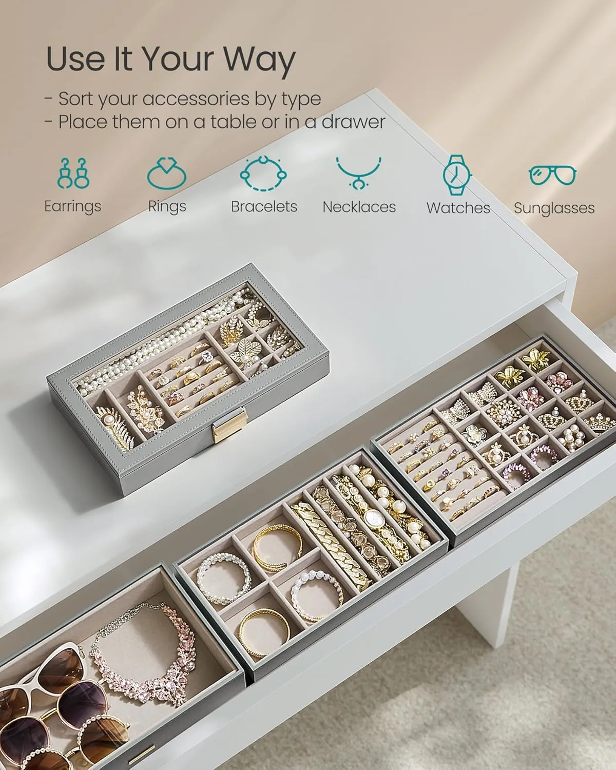 SONGMICS Stackable Jewelry Trays, 4-Tier Jewelry Box, Drawer Jewelry Organizer, with Glass Lid, Removable Dividers, for Vanity Table, 6.7 x 11 x 7.2 Inches, Gift Idea, Dove Gray UJBC164G01