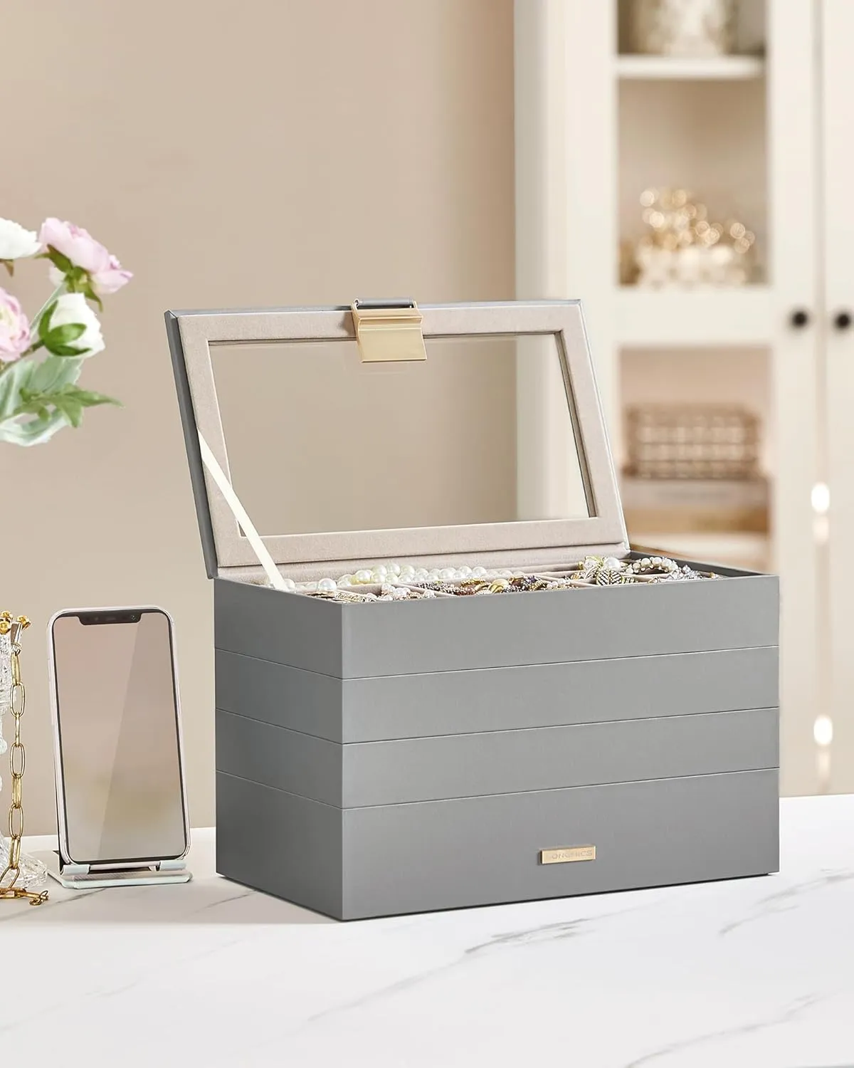 SONGMICS Stackable Jewelry Trays, 4-Tier Jewelry Box, Drawer Jewelry Organizer, with Glass Lid, Removable Dividers, for Vanity Table, 6.7 x 11 x 7.2 Inches, Gift Idea, Dove Gray UJBC164G01