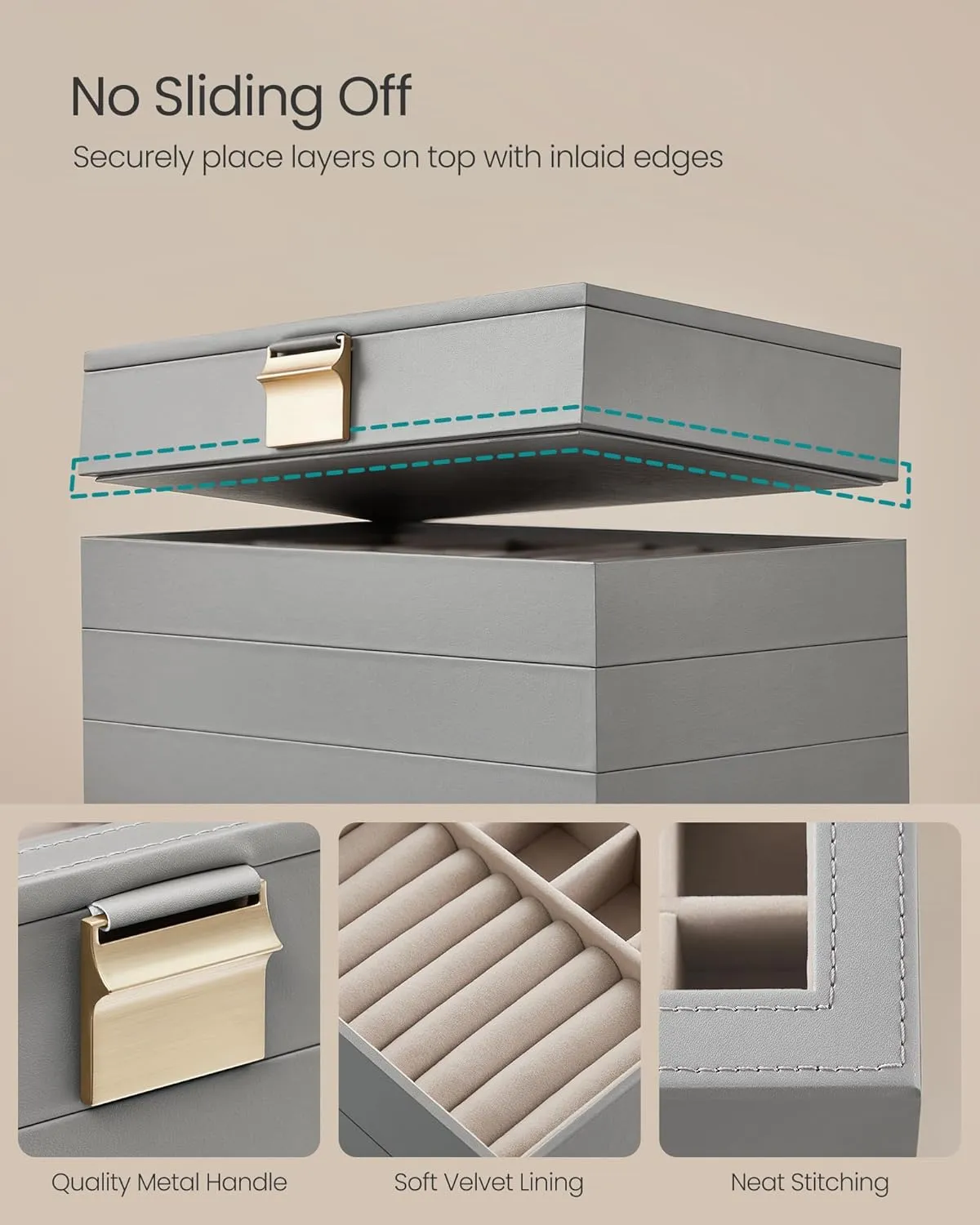 SONGMICS Stackable Jewelry Trays, 4-Tier Jewelry Box, Drawer Jewelry Organizer, with Glass Lid, Removable Dividers, for Vanity Table, 6.7 x 11 x 7.2 Inches, Gift Idea, Dove Gray UJBC164G01