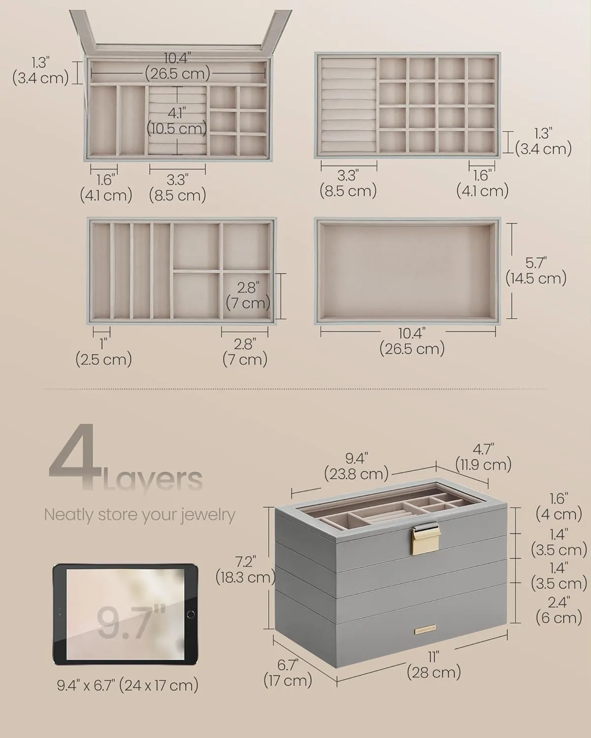 SONGMICS Stackable Jewelry Trays, 4-Tier Jewelry Box, Drawer Jewelry Organizer, with Glass Lid, Removable Dividers, for Vanity Table, 6.7 x 11 x 7.2 Inches, Gift Idea, Dove Gray UJBC164G01
