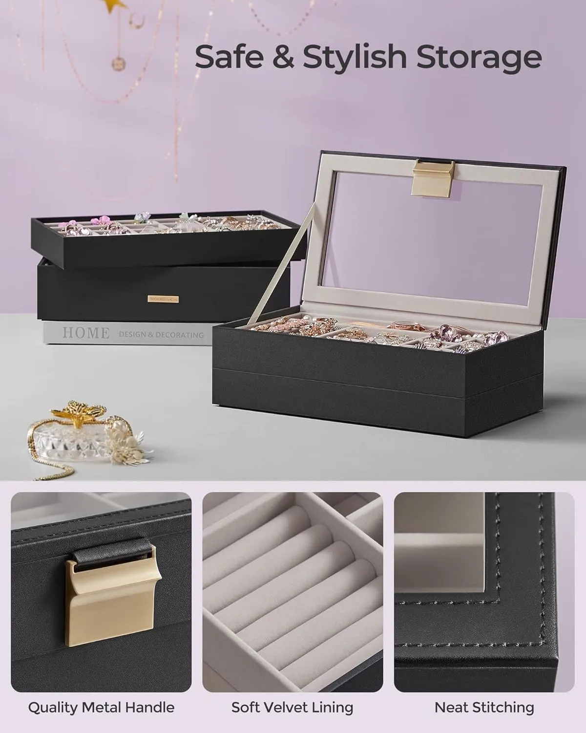 SONGMICS Stackable Jewelry Trays, 4-Tier Jewelry Box, Drawer Jewelry Organizer, with Glass Lid, Removable Dividers, for Vanity Table, 6.7 x 11 x 7.2 Inches, Gift Idea, Ink Black UJBC164B01