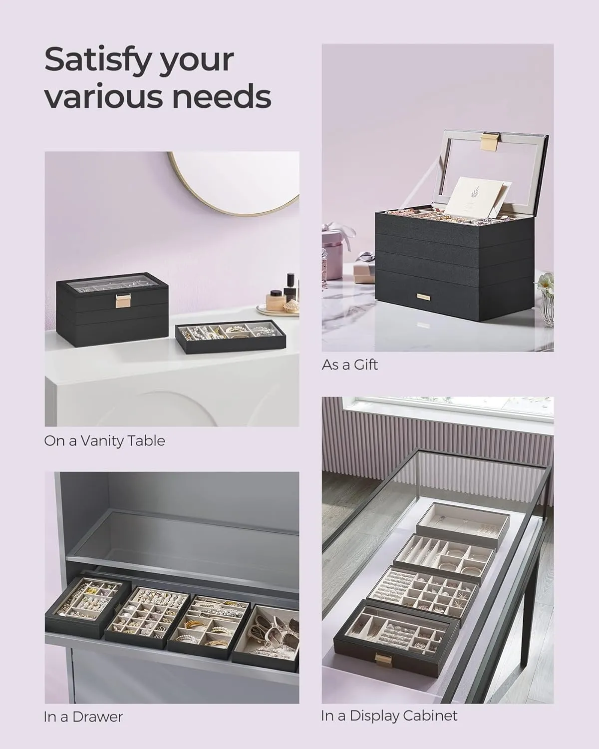 SONGMICS Stackable Jewelry Trays, 4-Tier Jewelry Box, Drawer Jewelry Organizer, with Glass Lid, Removable Dividers, for Vanity Table, 6.7 x 11 x 7.2 Inches, Gift Idea, Ink Black UJBC164B01