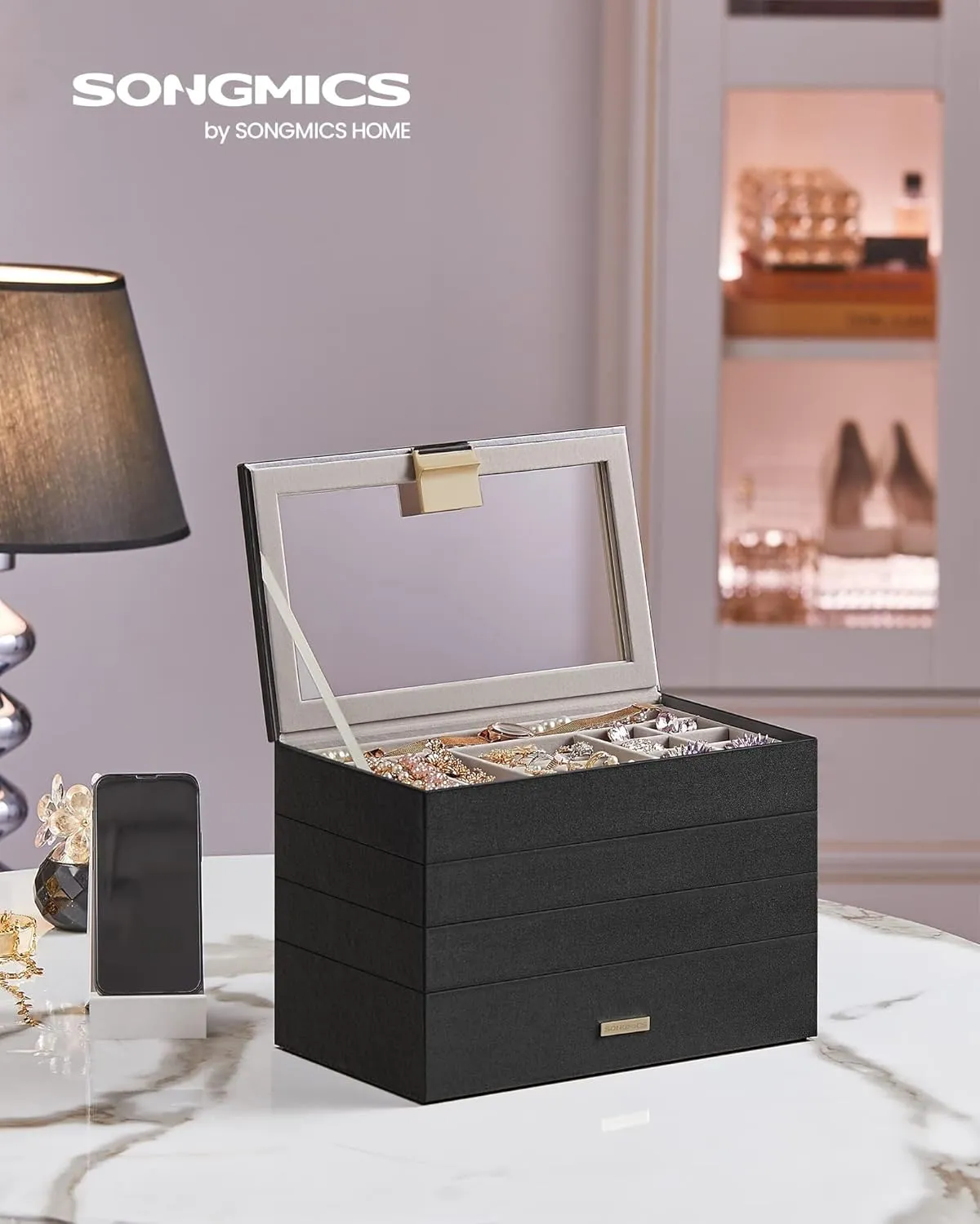 SONGMICS Stackable Jewelry Trays, 4-Tier Jewelry Box, Drawer Jewelry Organizer, with Glass Lid, Removable Dividers, for Vanity Table, 6.7 x 11 x 7.2 Inches, Gift Idea, Ink Black UJBC164B01