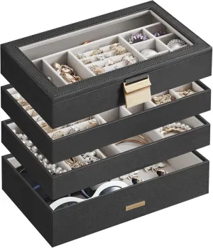 SONGMICS Stackable Jewelry Trays, 4-Tier Jewelry Box, Drawer Jewelry Organizer, with Glass Lid, Removable Dividers, for Vanity Table, 6.7 x 11 x 7.2 Inches, Gift Idea, Ink Black UJBC164B01