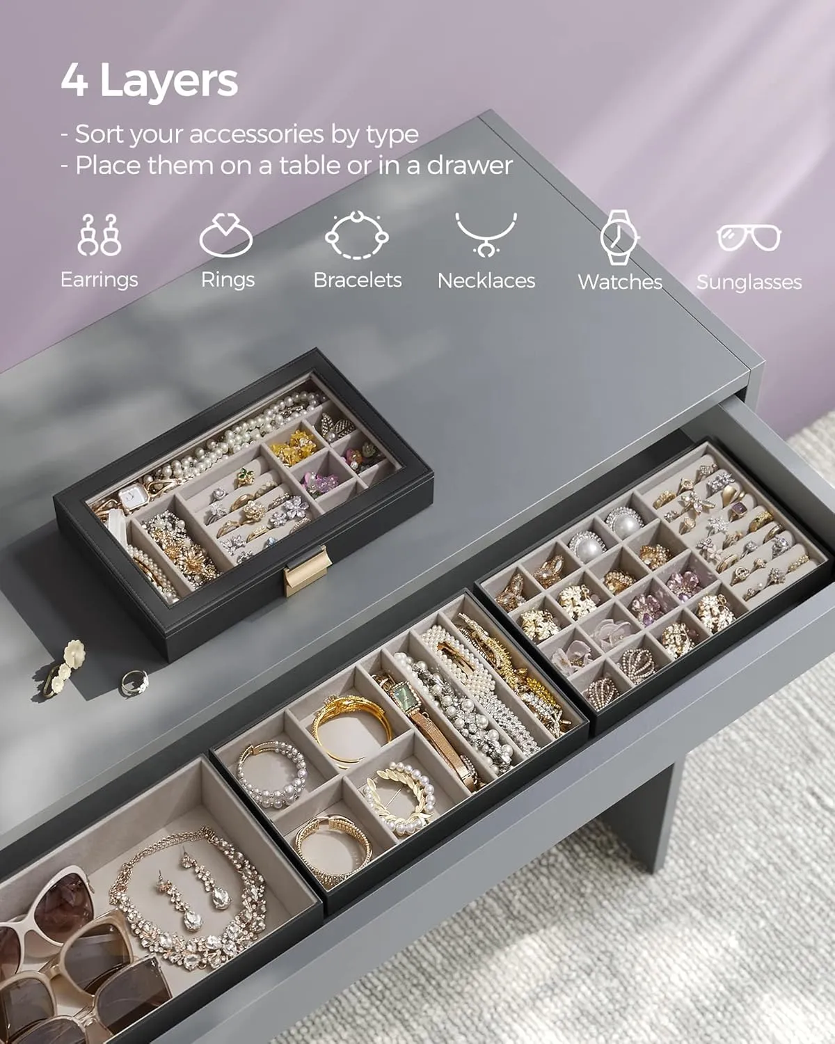 SONGMICS Stackable Jewelry Trays, 4-Tier Jewelry Box, Drawer Jewelry Organizer, with Glass Lid, Removable Dividers, for Vanity Table, 6.7 x 11 x 7.2 Inches, Gift Idea, Ink Black UJBC164B01