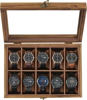SONGMICS Watch Box, 10-Slot Watch Case, Solid Wood Watch Box Organizer with Glass Lid, Rustic Walnut UJOW100K01