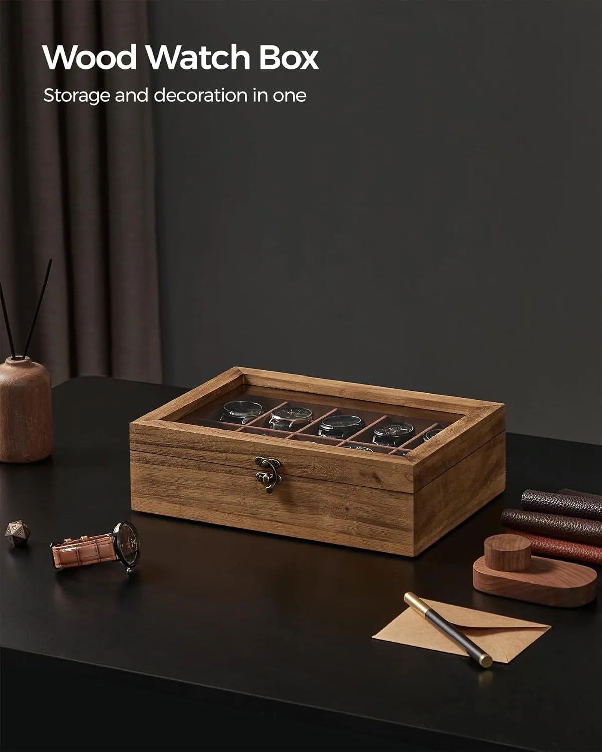 SONGMICS Watch Box, 10-Slot Watch Case, Solid Wood Watch Box Organizer with Glass Lid, Rustic Walnut UJOW100K01