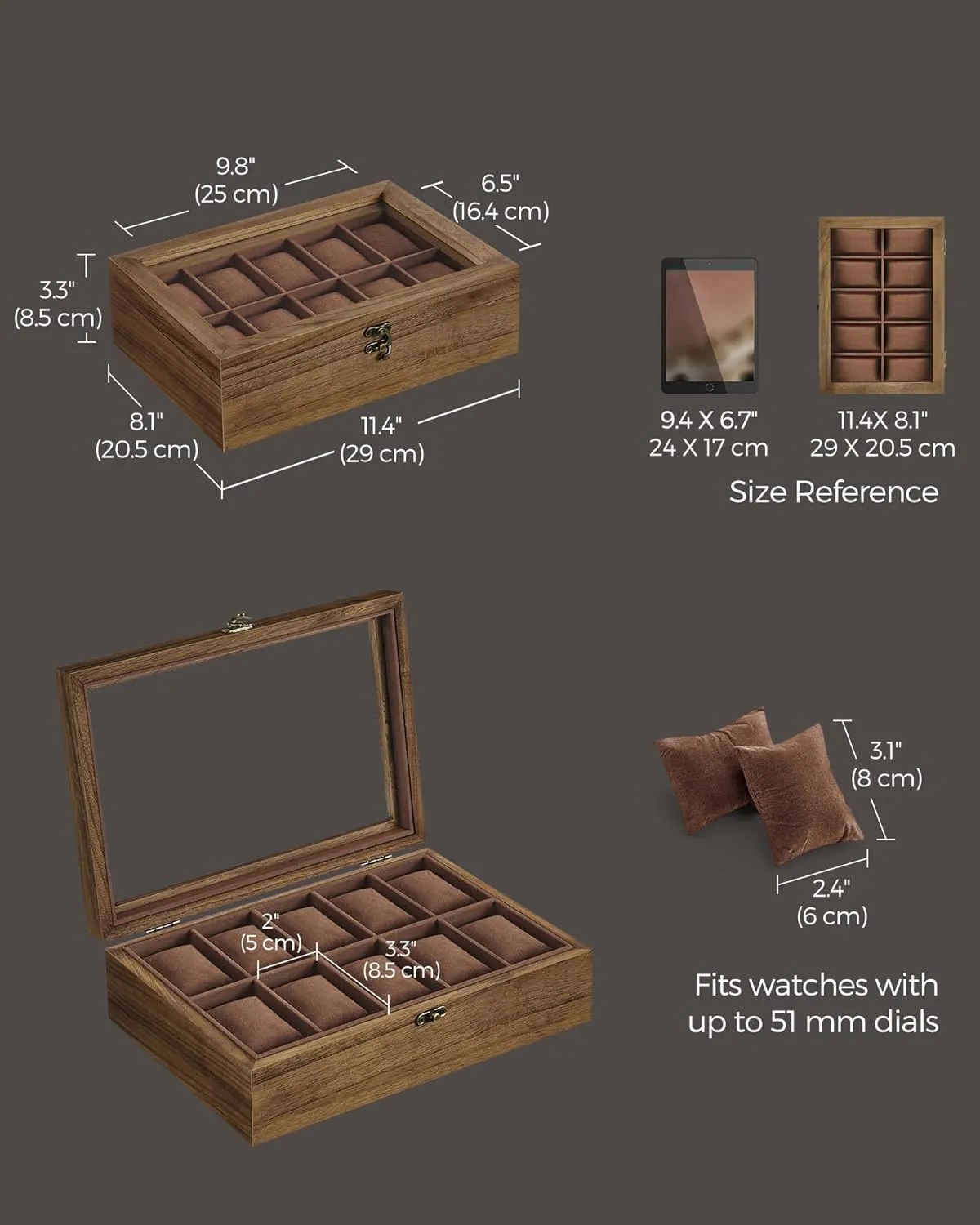 SONGMICS Watch Box, 10-Slot Watch Case, Solid Wood Watch Box Organizer with Glass Lid, Rustic Walnut UJOW100K01