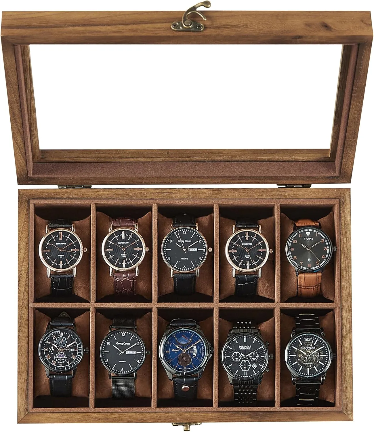SONGMICS Watch Box, 10-Slot Watch Case, Solid Wood Watch Box Organizer with Glass Lid, Rustic Walnut UJOW100K01