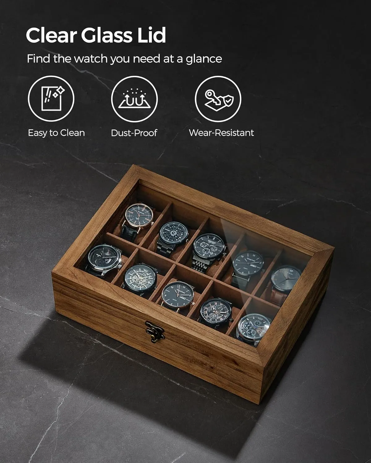 SONGMICS Watch Box, 10-Slot Watch Case, Solid Wood Watch Box Organizer with Glass Lid, Rustic Walnut UJOW100K01