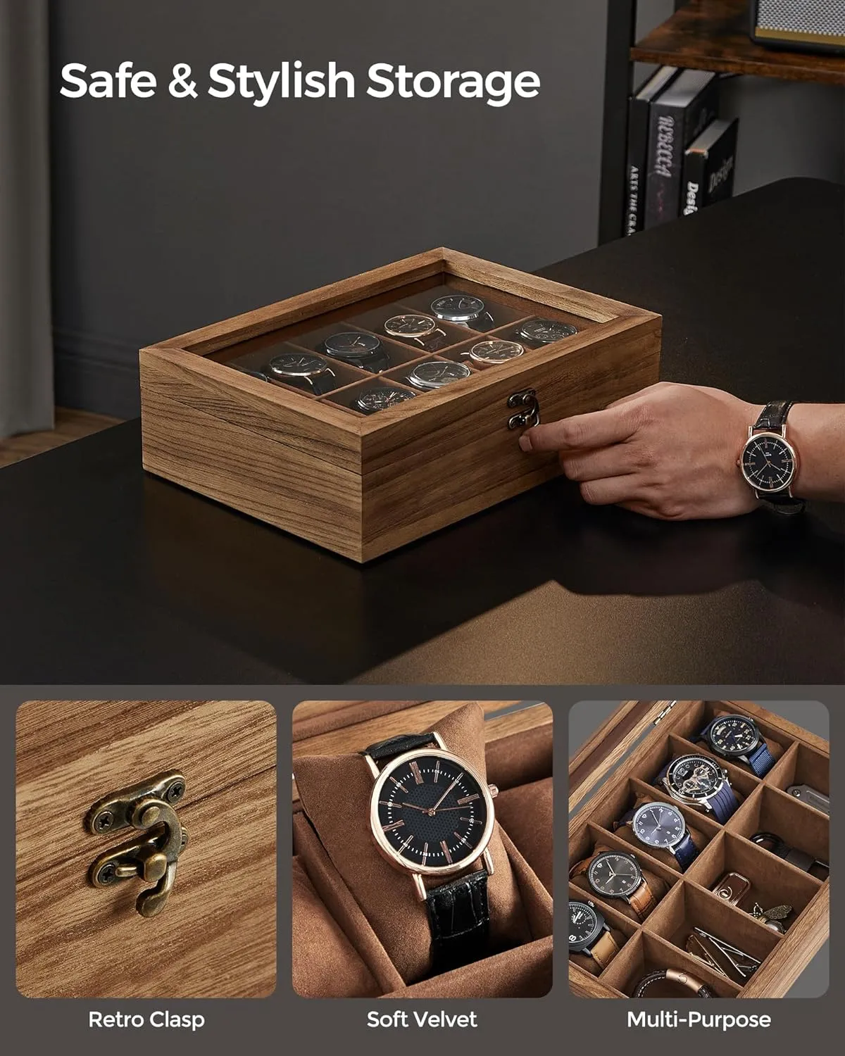 SONGMICS Watch Box, 10-Slot Watch Case, Solid Wood Watch Box Organizer with Glass Lid, Rustic Walnut UJOW100K01